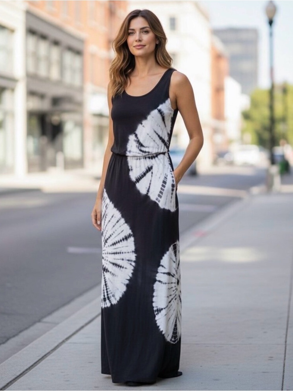 INC International Concepts Black and White Spiral Tie-Dye Maxi Dress